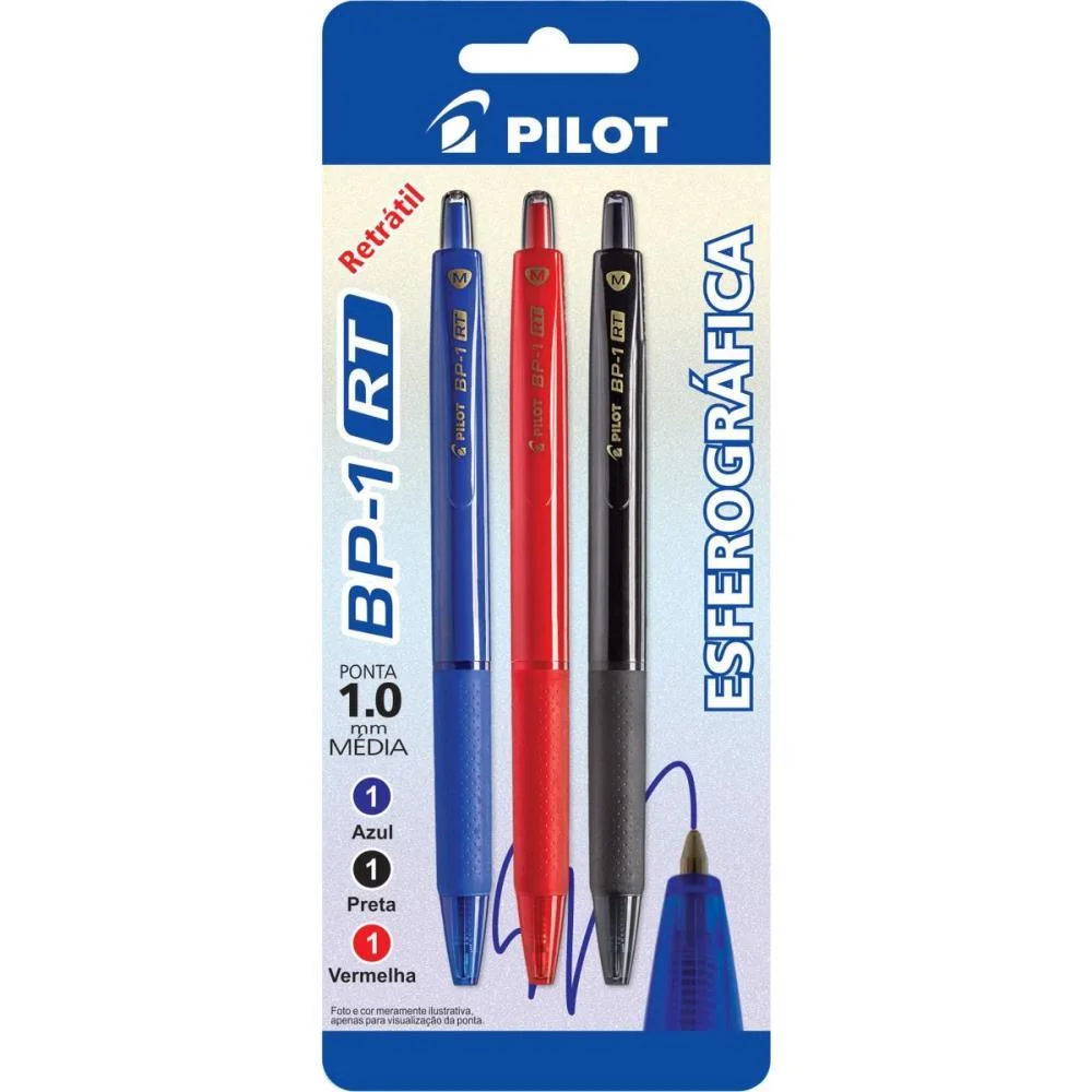 Caneta Esferografica Retratil Bp-1 1.0 Az/Pt/Verm Pilot (Bl.c/03) - imagem 3