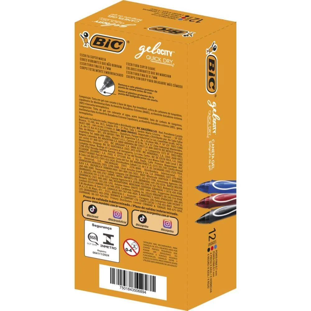 Caneta Gel Bic Quick Dry Az/Pt/Vm Bic (Cx.c/12) - imagem 4