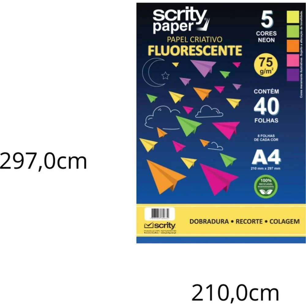 Bloco Para Educacao Artistica Fluorescente 5Cor. A4 75G 40Fl Scrity (Pacote) - imagem 3