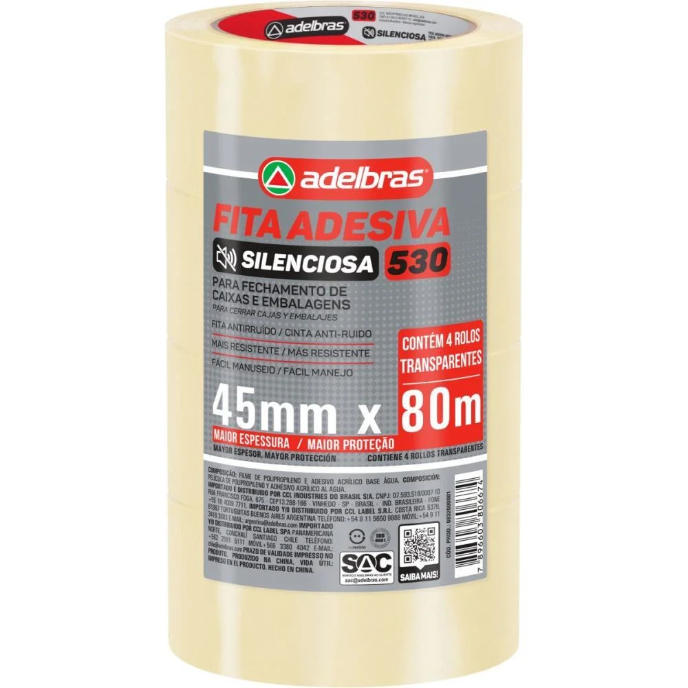 Fita Para Empacotamento Silenciosa Bopp 45Mmx80M Trans Adelbras (Pct.c/04) - imagem 2