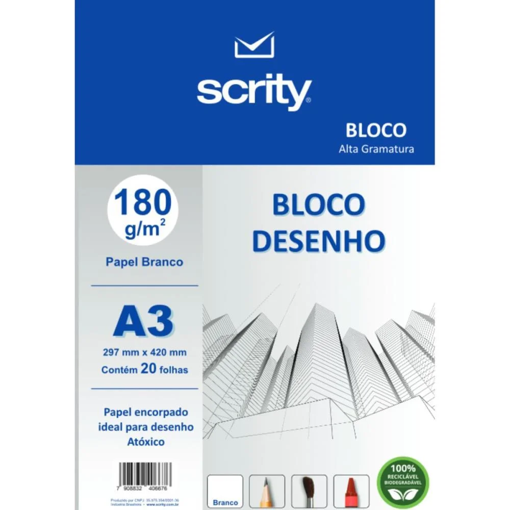 Bloco Para Educacao Artistica Desenho A3 Branco 180G 20Fls. Scrity (Pacote) - imagem 3