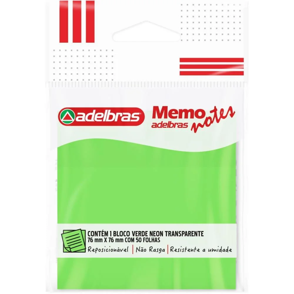 Bloco De Recado Autoadesivo Memonote Transp 76X76 Verde Ne Adelbras (Unidade) - imagem 3