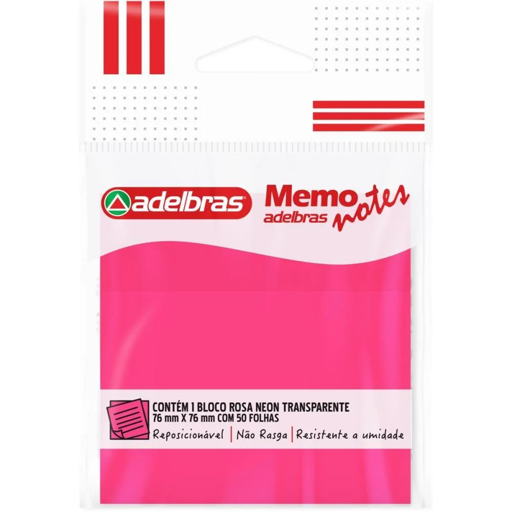Bloco De Recado Autoadesivo Memonote Transp 76X76 Rosa Neo Adelbras (Unidade) - imagem 2