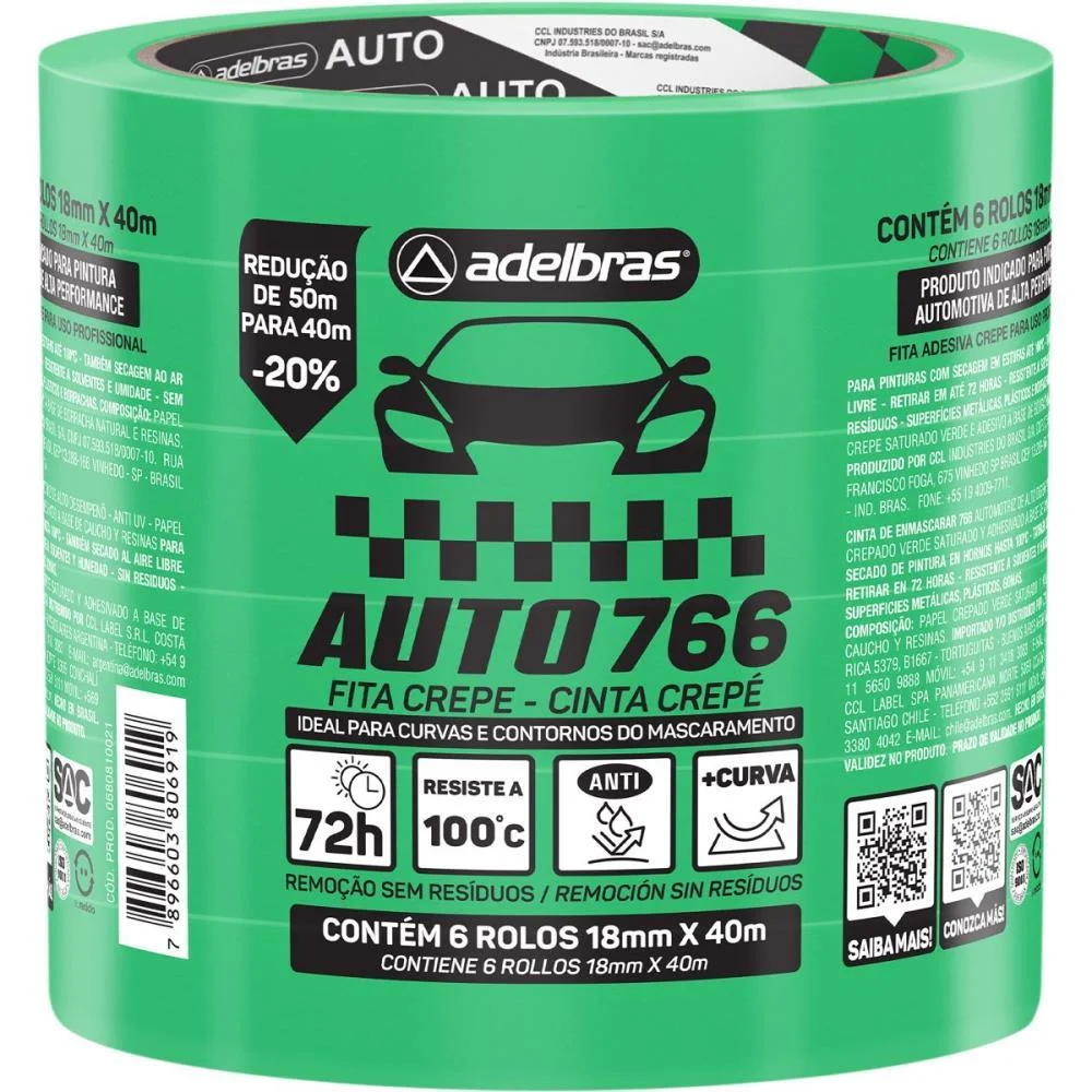 Fita Crepe 766 Automotiva 18Mm X 40M Verd Adelbras (Pct.c/06) - imagem 2