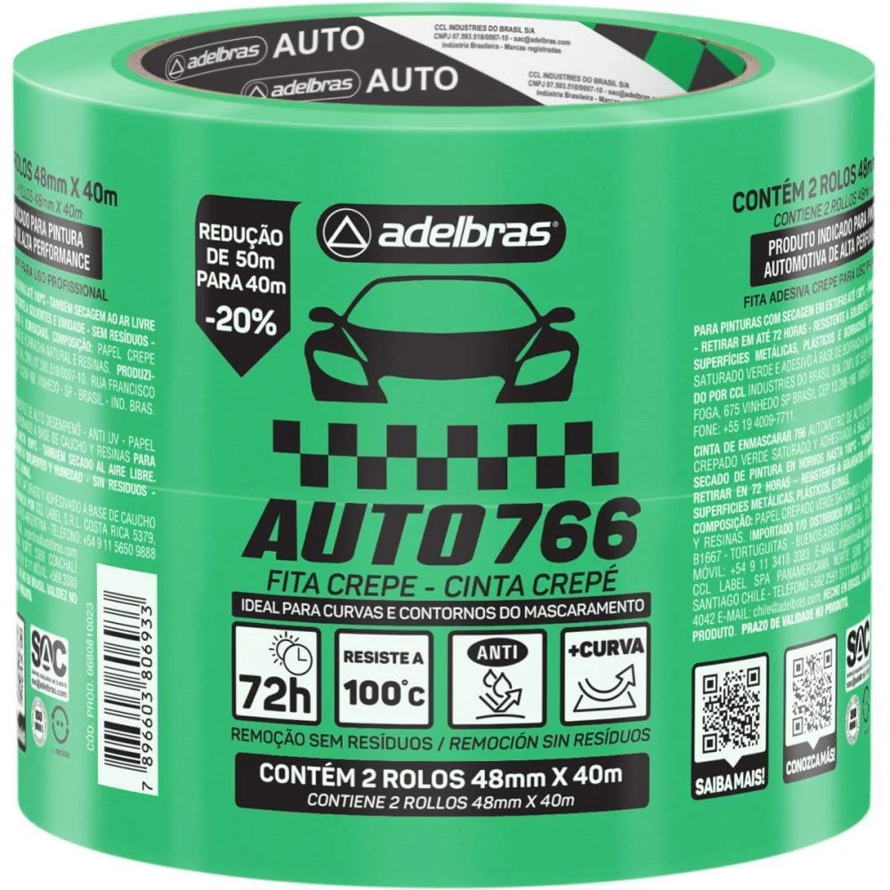 Fita Crepe 766 Automotiva 48Mm X 40M Verd Adelbras (Pct.c/02) - imagem 2