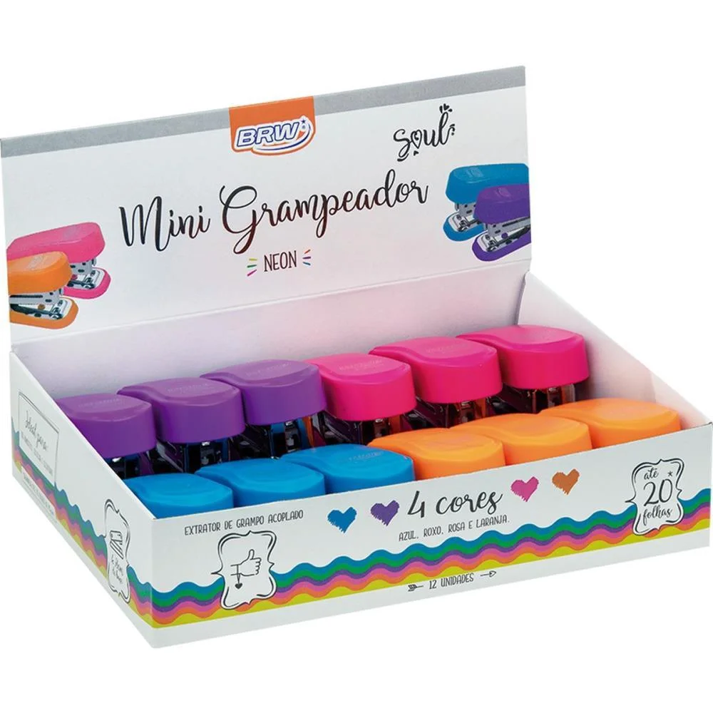 Grampeador Mini P/20Fls 6Cm Plast. Cores Neon Brw (Dp.c/12) - imagem 8