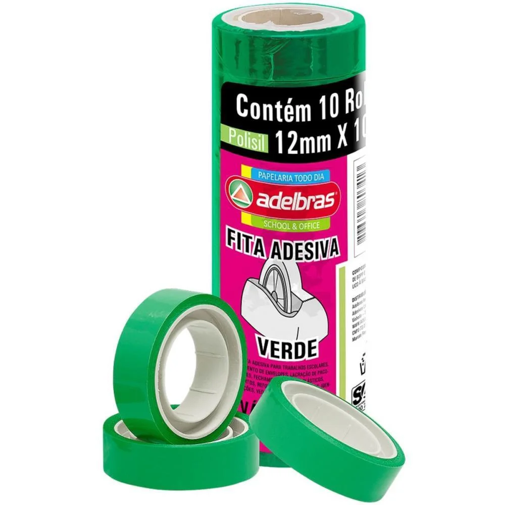 Fita Adesiva Polisil 12Mmx10M. Verde Adelbras (Pct.c/10) - imagem 2