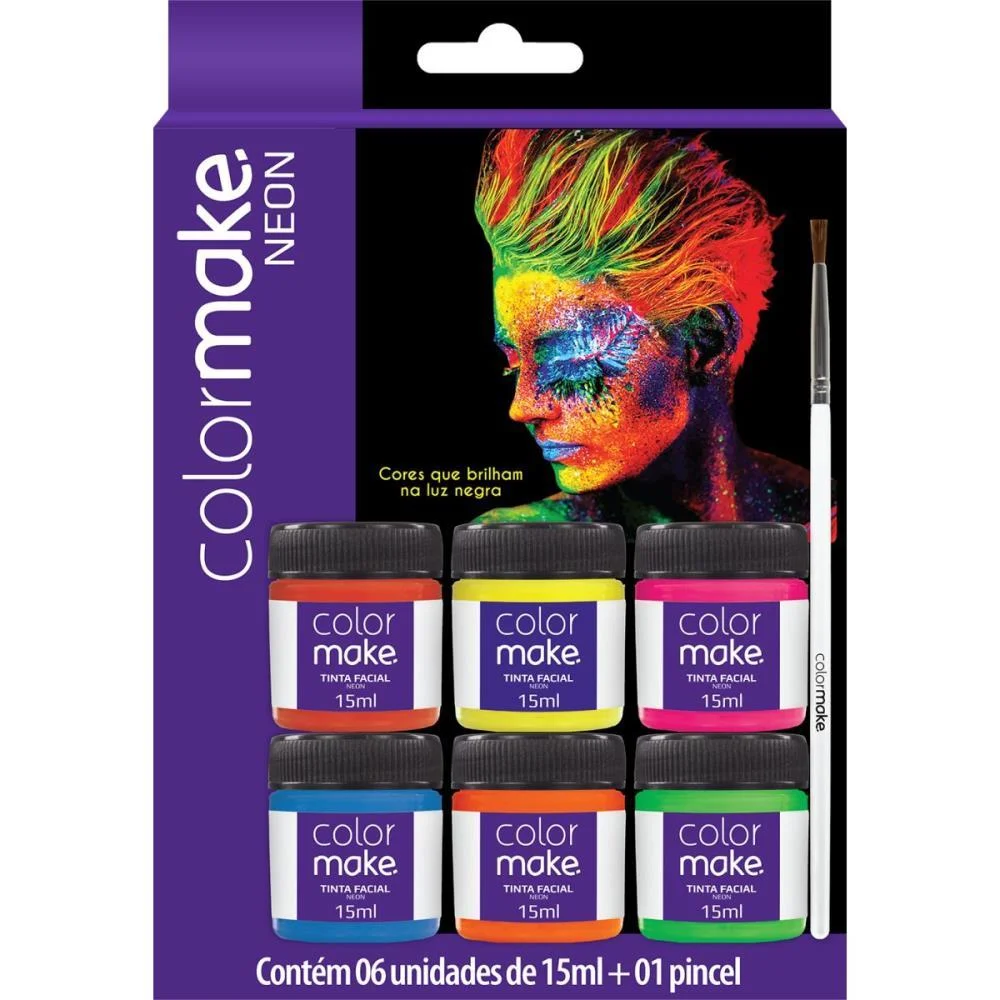 Pintura Facial Liquida 6 Cores Fluor+Pincel Colormake (Kit) - imagem 2