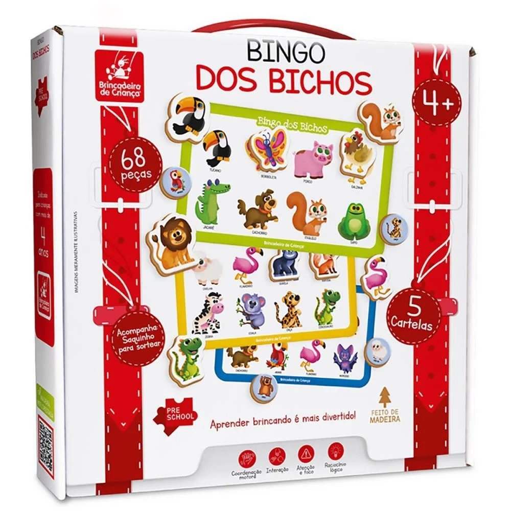 Jogo De Bingo Pre School Bichos Madeira 68Pc Brinc. De Crianca (Unidade) - imagem 4