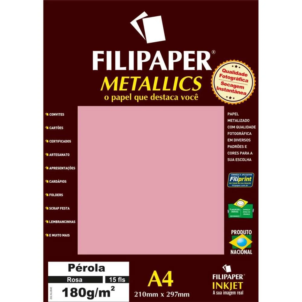 Papel A4 Metalico Perola Rosa 180Gr. Filiperson (Pct.c/15) - imagem 2