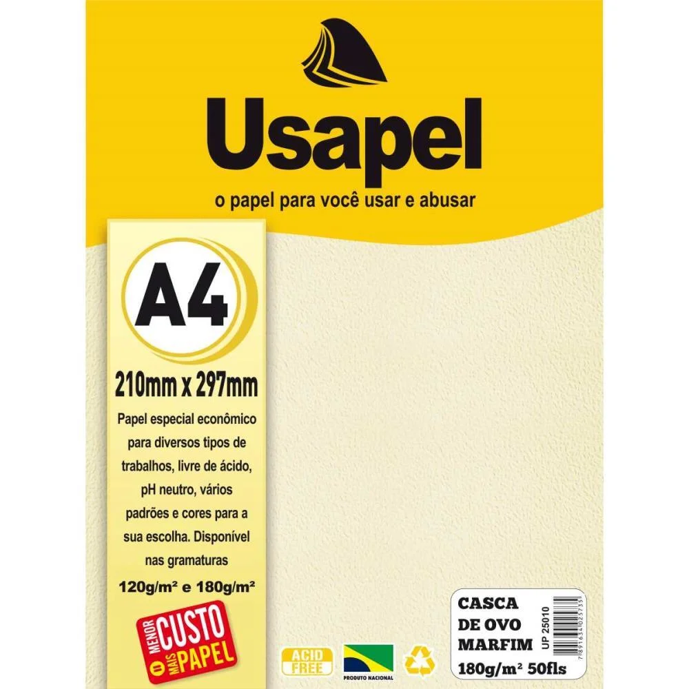 Papel A4 Casca De Ovo Usapel Marfim 180G. Filiperson (Pct.c/50) - imagem 2