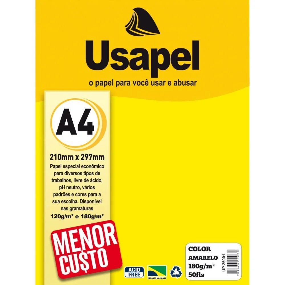 Papel A4 Color Usapel  Amarelo 180G Filiperson (Pct.c/50) - imagem 2