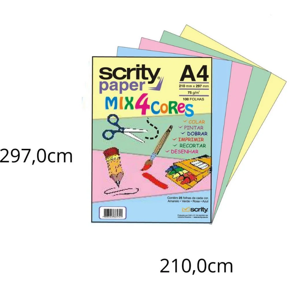 Papel Sulfite A4 Colorido Mix 4 Cores 75G. 100Fls. Scrity (Pacote) - imagem 2
