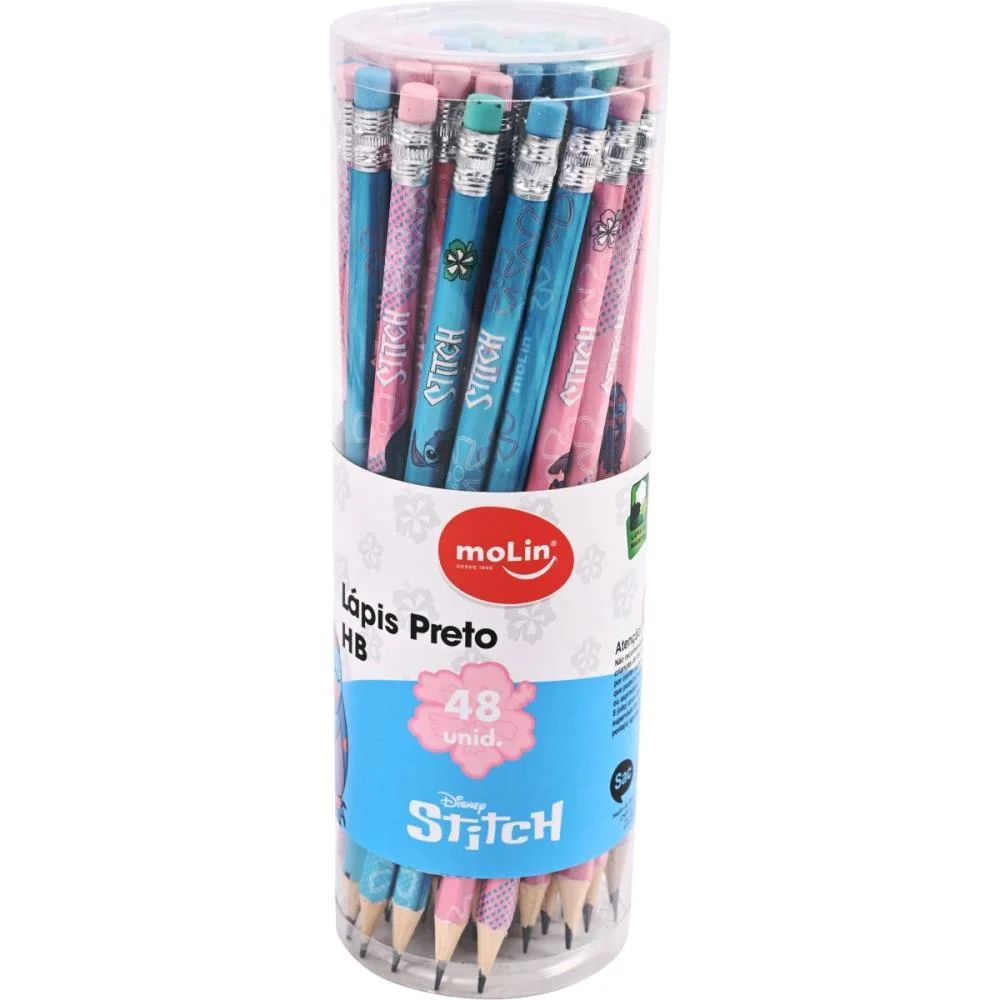 Lapis Preto Redondo Decorado Stitch Hb C/Borracha Molin (Pote-48) - imagem 3