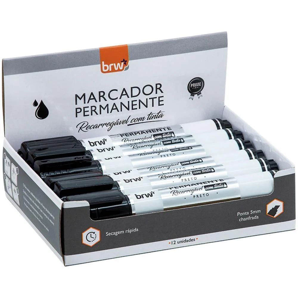 Pincel Marcador Permanente Linha Prime Recarregavel Preto Brw (Cx.c/12) - imagem 2