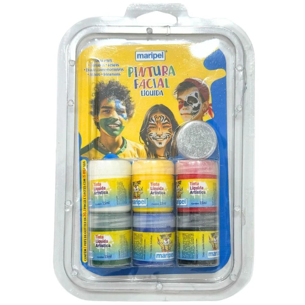 Pintura Facial Liquida 6 Cores+Pincel+Gliter Maripel (Kit) - imagem 2