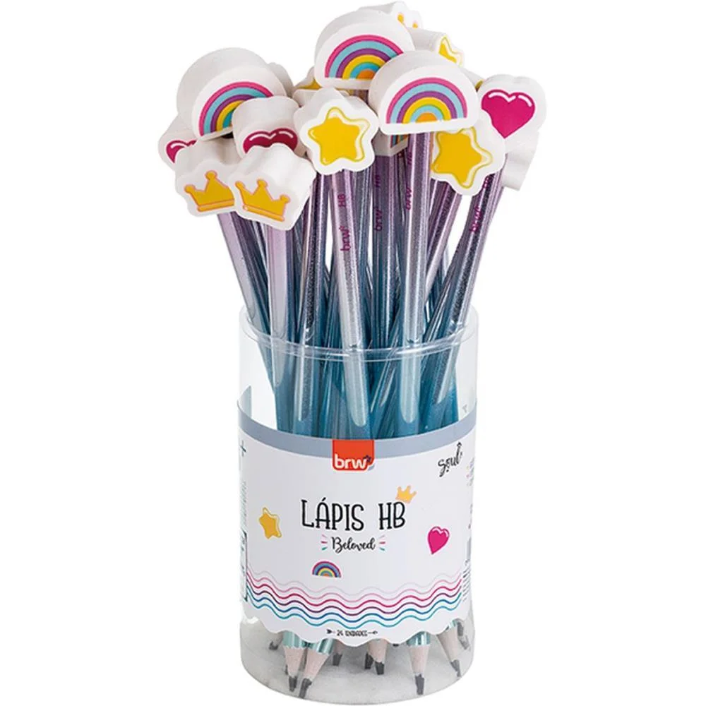 Lapis Preto Redondo Decorado Hb Beloved C/Borracha 4Mod. Brw (Pote-24) - imagem 7