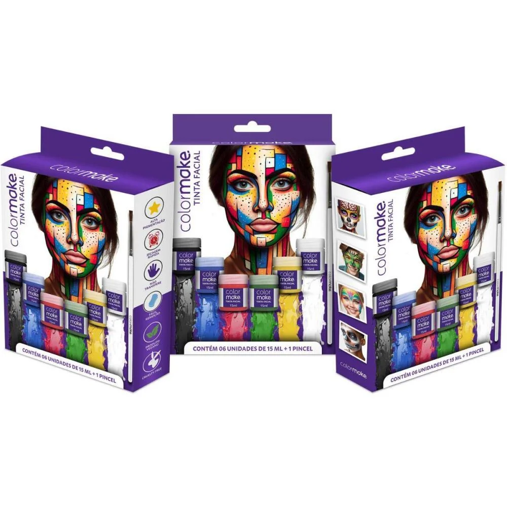 Pintura Facial Liquida 15Ml. 6Cores+Pincel Colormake (Kit) - imagem 3