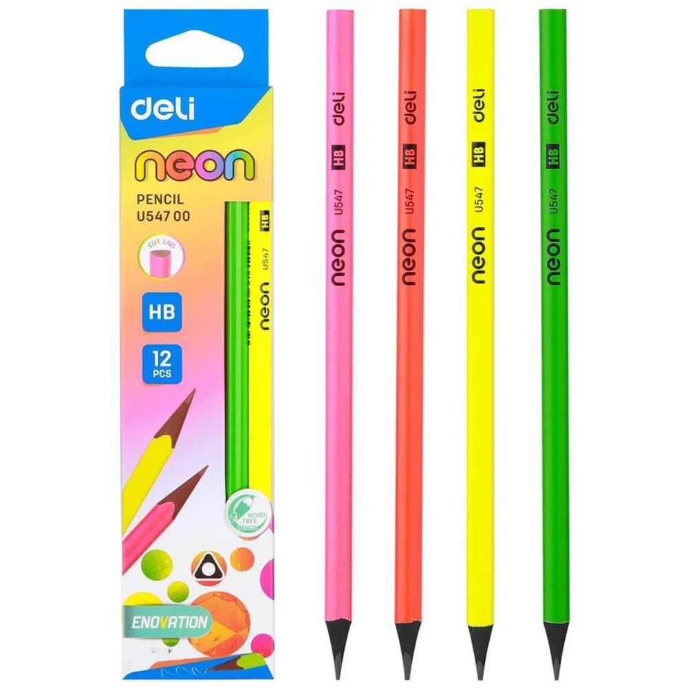 Lapis Preto Redondo Decorado Hb Neon Wood Free Deli (Bl.c/12) - imagem 3