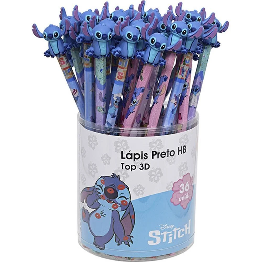 Lapis Preto Redondo Decorado Stitch Top 3D 4Modelos Molin (Pote-36) - imagem 2