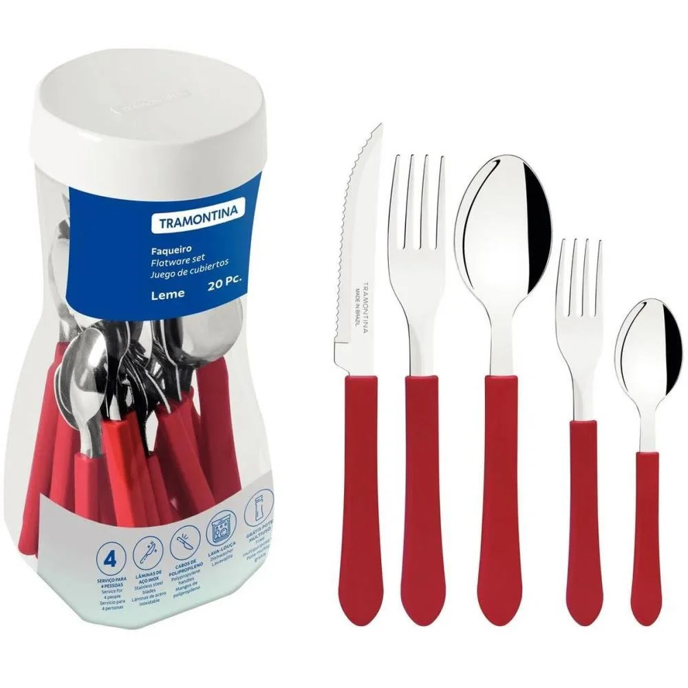 Talher Faqueiro Leme 20Pc Inox Vermel Tramontina (Pote) - imagem 2