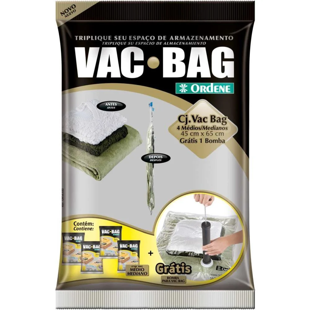 Saco Para Armazenagem Vac Bag 4 Medios+Bomba 45X65Cm Ordene (Kit) - imagem 3