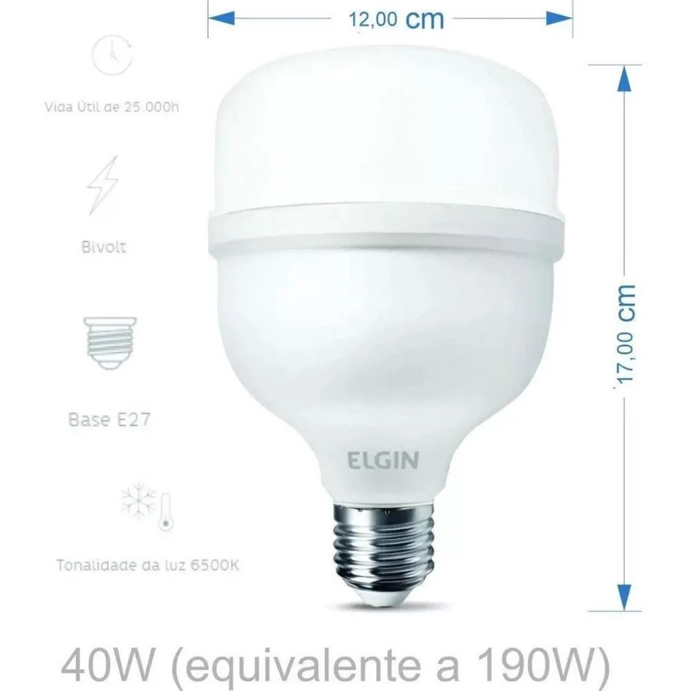 Lampada Led Bulbo T 40W Bivolt 6500K Elgin (Unidade) - imagem 4