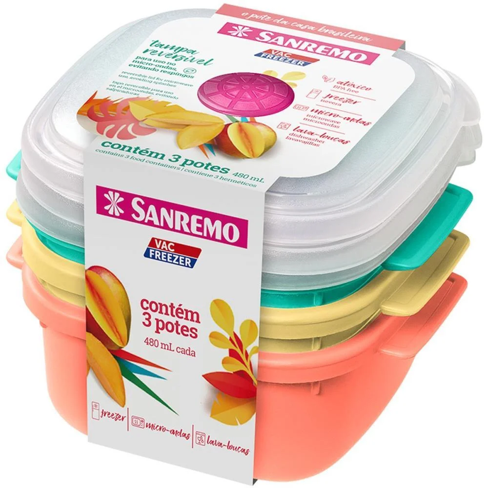 Pote Plastico Conj. 3 Potes Quadrado 480Ml. Sanremo (Kit) - imagem 2