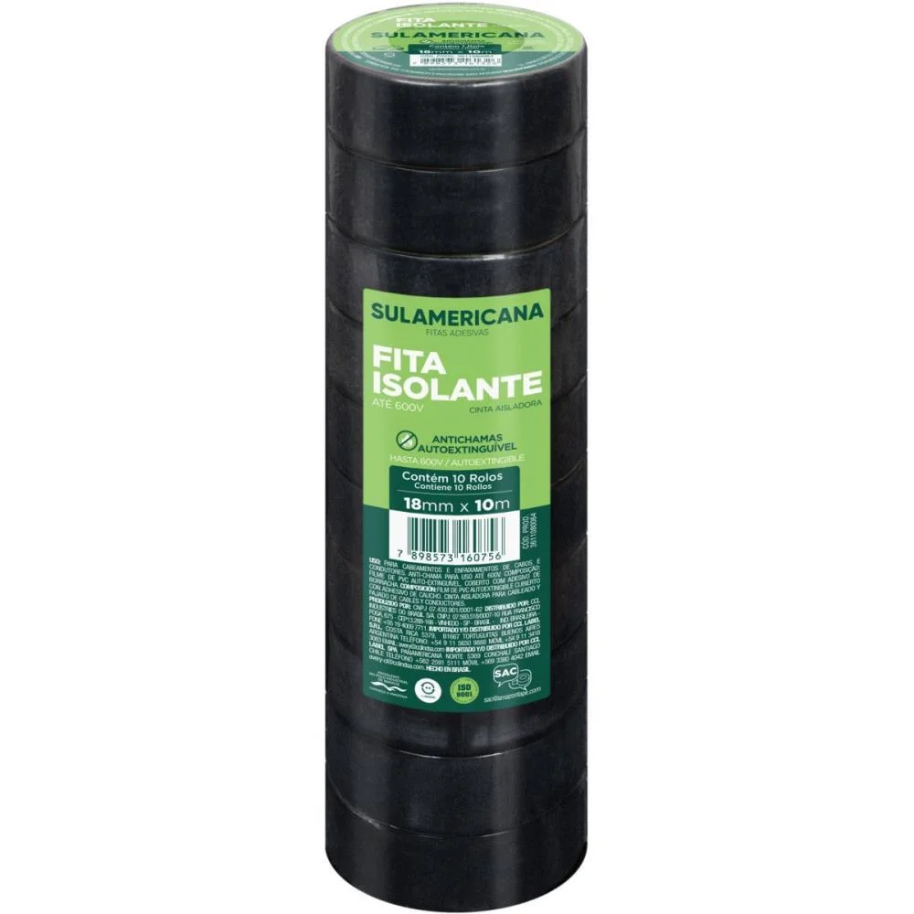 Fita Isolante 18Mmx10M. Anti Chama Sulamericana (Pct.c/10) - imagem 2