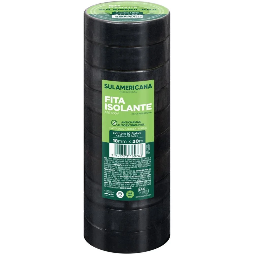 Fita Isolante 18Mmx20M. Anti Chama Sulamericana (Pct.c/10) - imagem 3