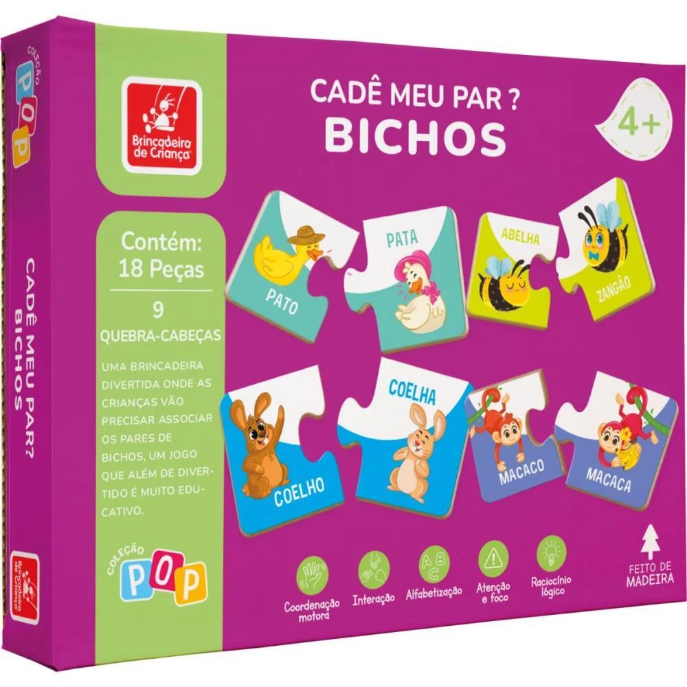 Quebra-Cabeca Madeira Cade Meu Par? Bichos 18Pcs Brinc. De Crianca (Unidade) - imagem 2