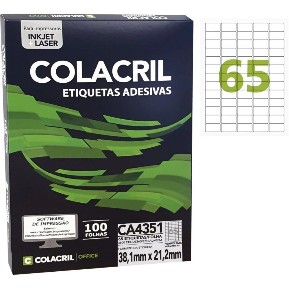 Etiqueta A4 21,2X38,1Mm 100 Folhas Colacril (Pct.c/6500) - imagem 2