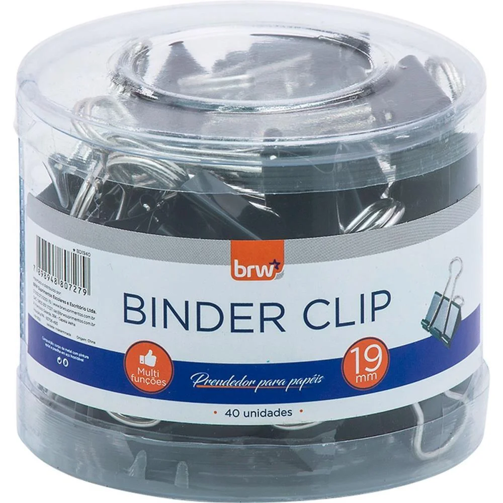 Prendedor De Papel Binder 19Mm Preto Brw (Pote-40) - imagem 2