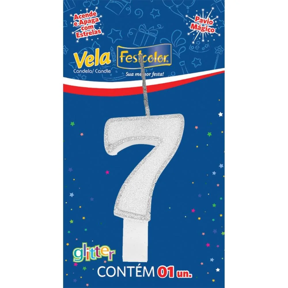 Vela Para Aniversario N.07 Branca Glitter Festcolor (Cx.c/10) - imagem 3