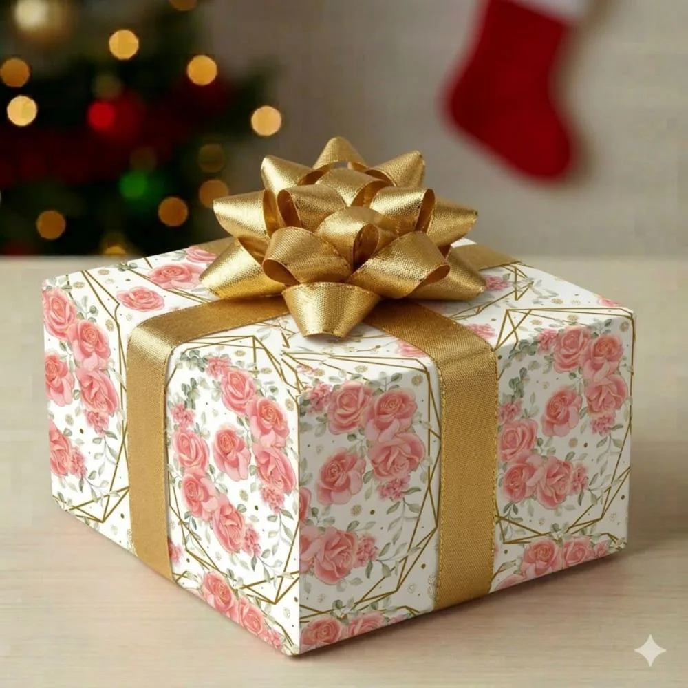 Papel Presente Bobina Couche 60Cm. Mod.206 Rosas Ouro Hexag Gessele (Bo-100Mts) - imagem 4