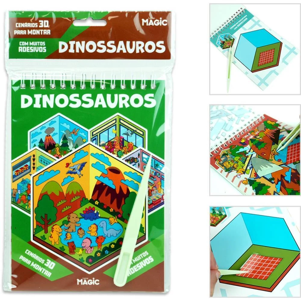 Livro Com Adesivos Cenario 3D Dinossauros 14X23Cm Magic Kids (Unidade) - imagem 3