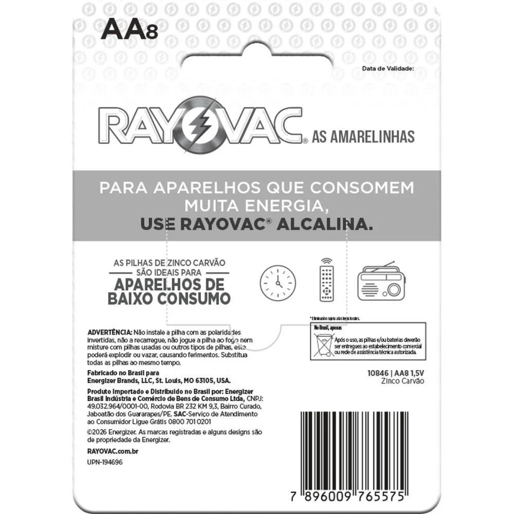 Pilha Zinco Pequena Aa Leve+ Pague- Rayovac (Bl.c/08) - imagem 3