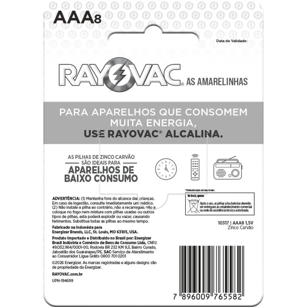 Pilha Zinco Palito Aaa Leve+ Pague- Rayovac (Bl.c/08) - imagem 3