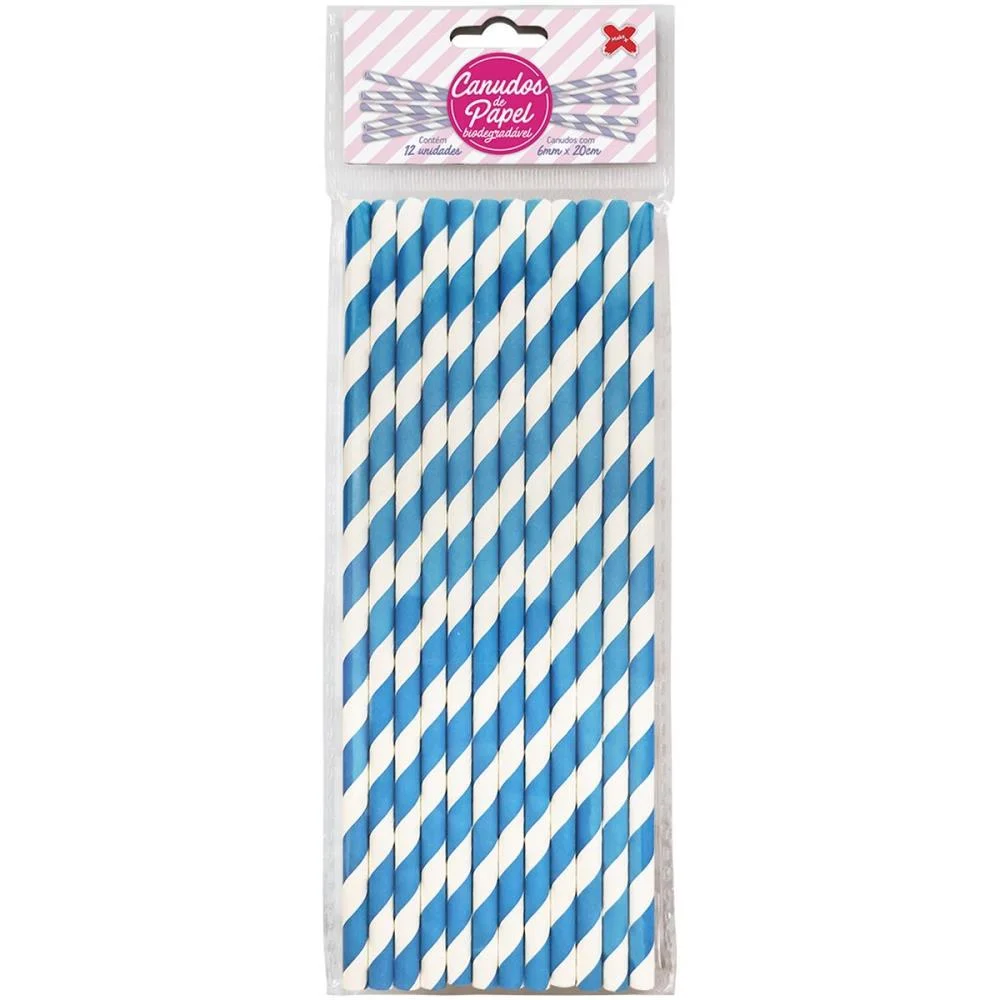 Canudo Biodegradavel Papel Listra Azul Claro 6X200Mm C/12 Make+ (Pct.c/10) - imagem 2