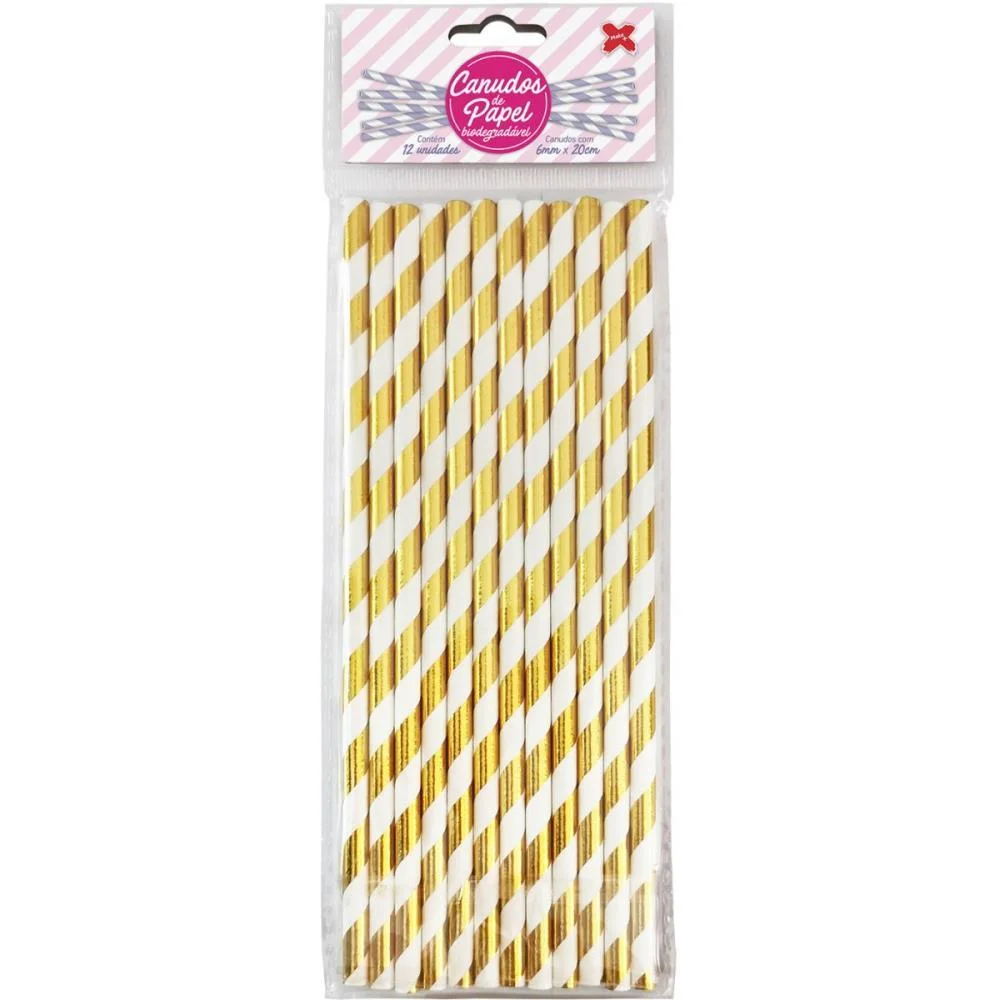 Canudo Biodegradavel Papel Listrado Dourado 6X200Mm C/12U Make+ (Pct.c/10) - imagem 2