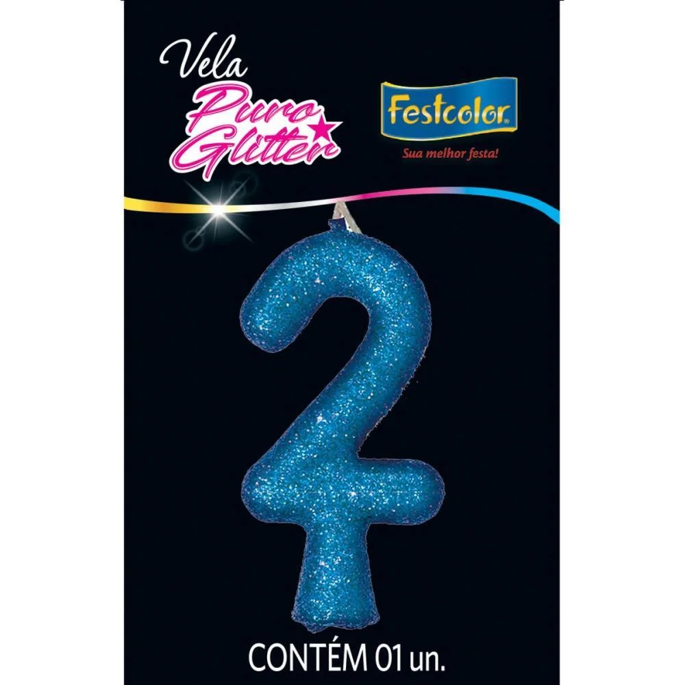 Vela Para Aniversario N.02 Azul Puro Glitter Festcolor (Cx.c/10) - imagem 2