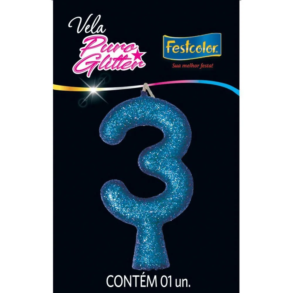 Vela Para Aniversario N.03 Azul Puro Glitter Festcolor (Cx.c/10) - imagem 3