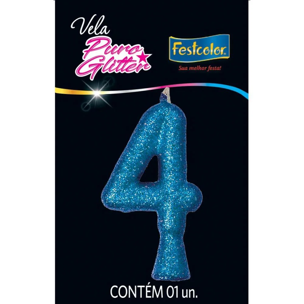 Vela Para Aniversario N.04 Azul Puro Glitter Festcolor (Cx.c/10) - imagem 2
