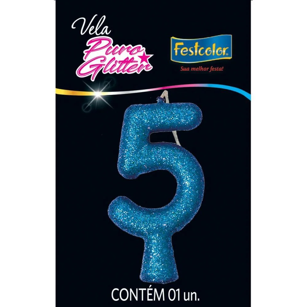 Vela Para Aniversario N.05 Azul Puro Glitter Festcolor (Cx.c/10) - imagem 2