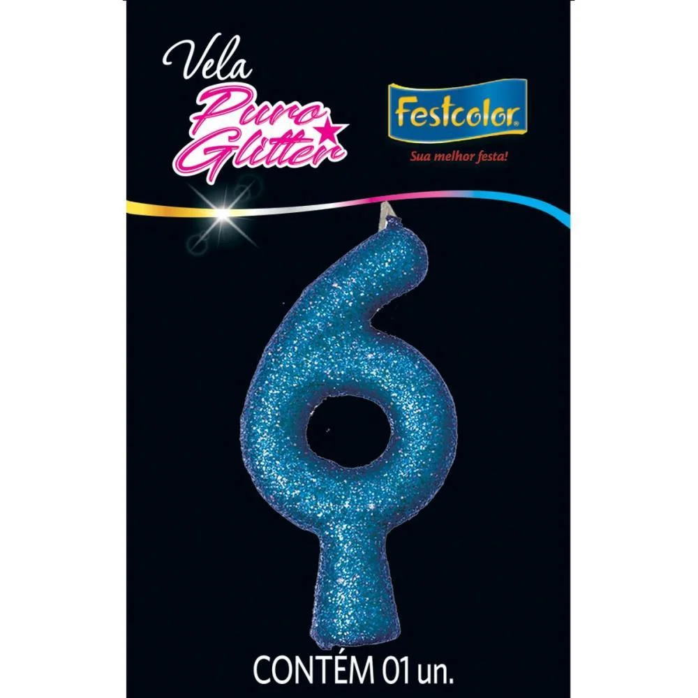 Vela Para Aniversario N.06 Azul Puro Glitter Festcolor (Cx.c/10) - imagem 2
