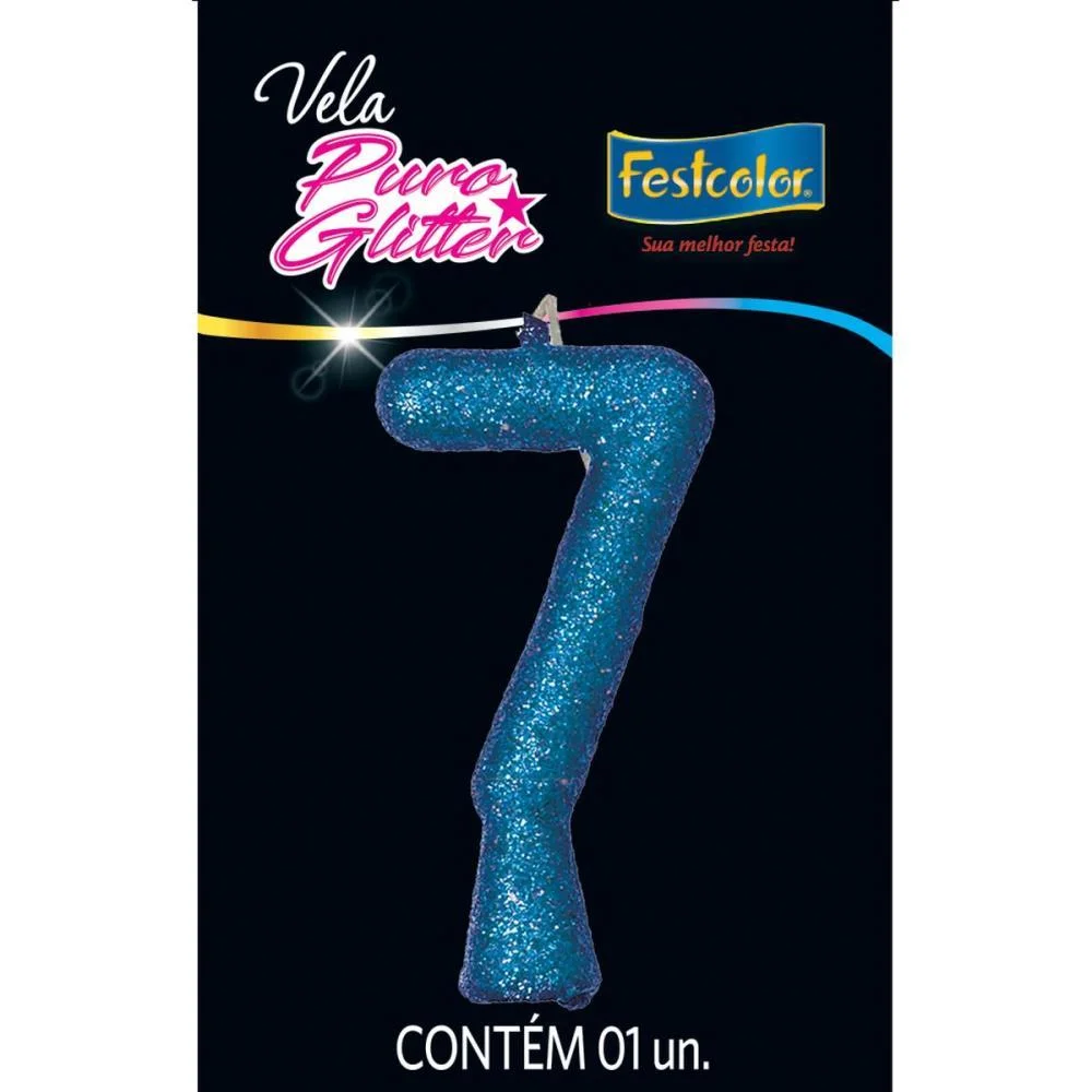 Vela Para Aniversario N.07 Azul Puro Glitter Festcolor (Cx.c/10) - imagem 3