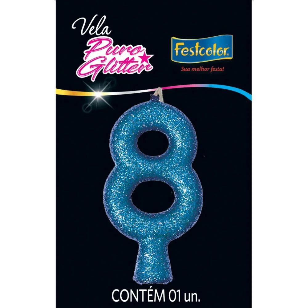 Vela Para Aniversario N.08 Azul Puro Glitter Festcolor (Cx.c/10) - imagem 3
