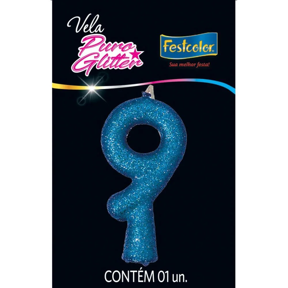 Vela Para Aniversario N.09 Azul Puro Glitter Festcolor (Cx.c/10) - imagem 3