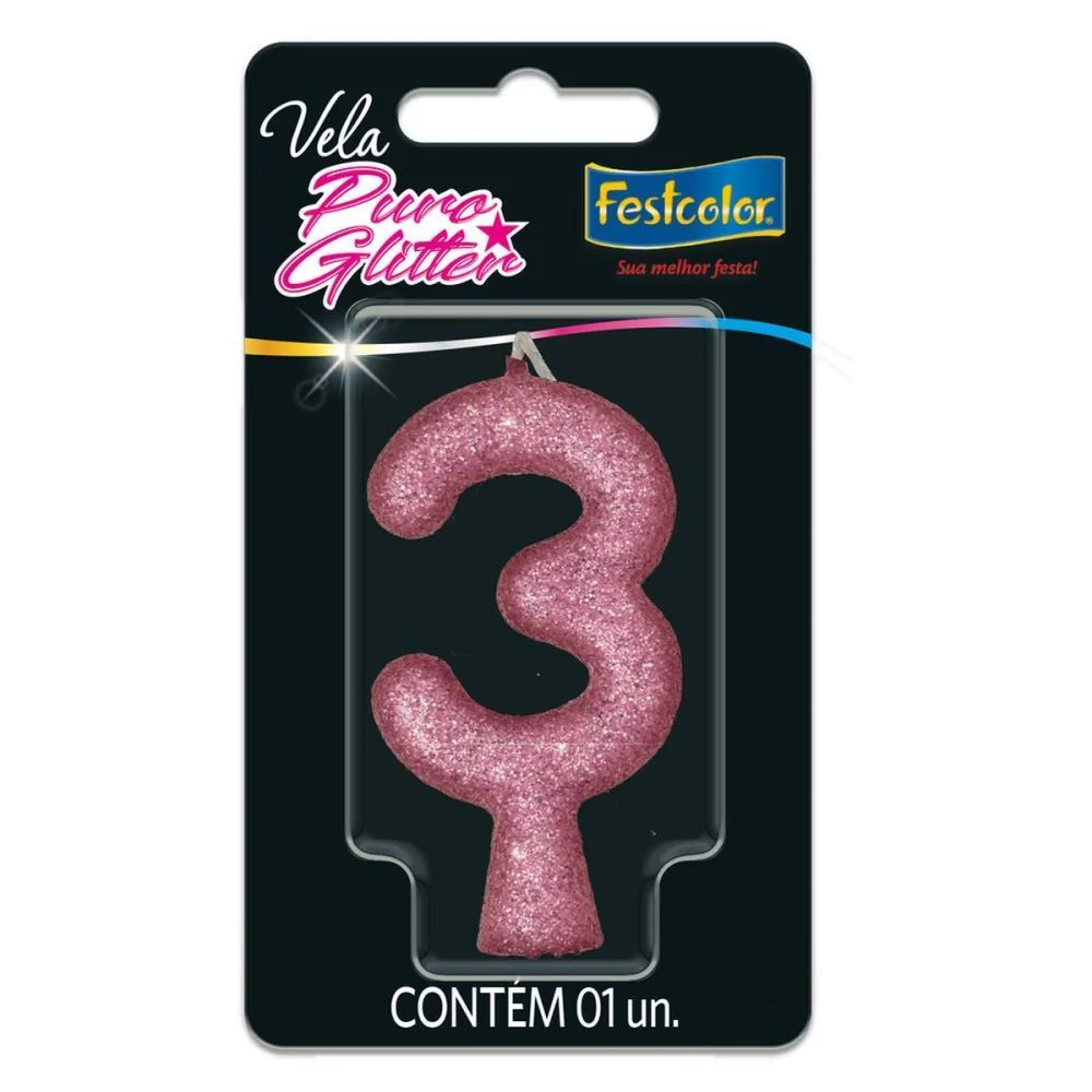 Vela Para Aniversario N.03 Rosa Puro Glitter Festcolor (Cx.c/10) - imagem 2