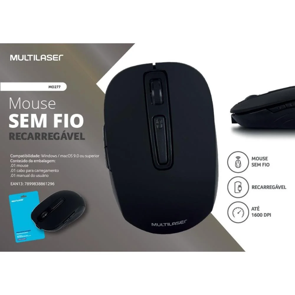 Mouse Optico Sem Fio 1600Dpi 2.4Ghz Preto Recarreg. Multi (Unidade) - imagem 4